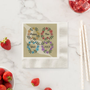 PERSONALIZED HAPPY NEW YEAR 20XX & FLOWERS WREATHS NAPKIN