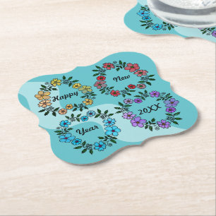 PERSONALIZED HAPPY NEW YEAR 20XX & FLOWERS WREATHS PAPER COASTER