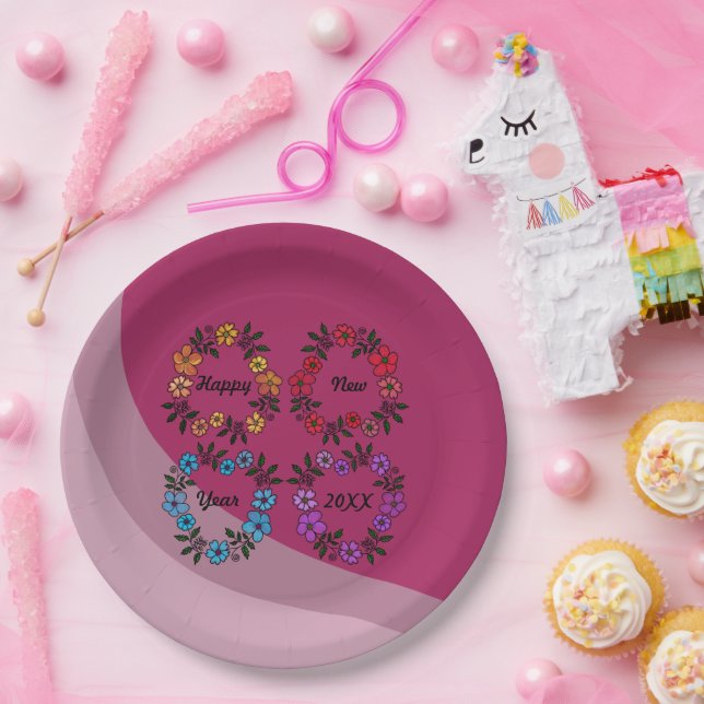 PERSONALIZED HAPPY NEW YEAR 20XX & FLOWERS WREATHS PAPER PLATE (Party)