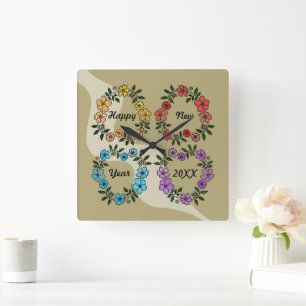 PERSONALIZED HAPPY NEW YEAR 20XX & FLOWERS WREATHS SQUARE WALL CLOCK