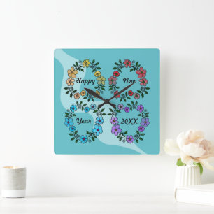 PERSONALIZED HAPPY NEW YEAR 20XX & FLOWERS WREATHS SQUARE WALL CLOCK