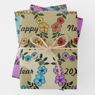 PERSONALIZED HAPPY NEW YEAR 20XX & FLOWERS WREATHS WRAPPING PAPER SHEET