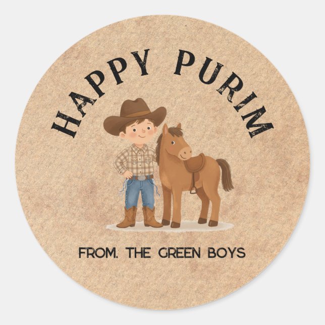 Personalized Happy Purim Round Sticker - Cowboy (Front)