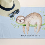 Personalized Happy Sloth Beach Towel<br><div class="desc">Watercolor design; smiling sloth on tree branch,  light blue background.  Personalize with name or other special message</div>