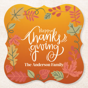 Personalized Happy Thanksgiving Family Name Paper Coaster
