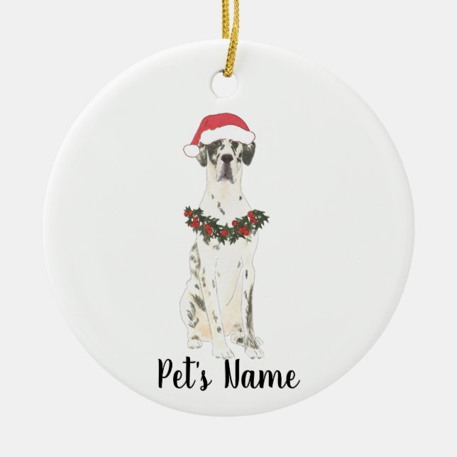 Personalized Harlequin Great Dane Christmas Ceramic Ornament (Front)