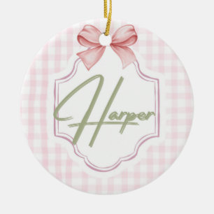 Personalized Harper Baby Girl Nursery Bow&Gingham Ceramic Ornament