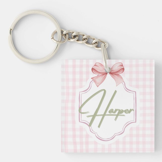 Personalized Harper Baby Girl Nursery Bow&Gingham  Key Ring (Front)