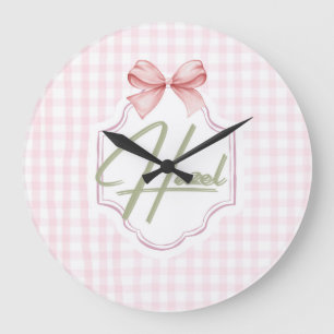 Personalized Hazel Baby Girl Nursery Bow&Gingham Large Clock