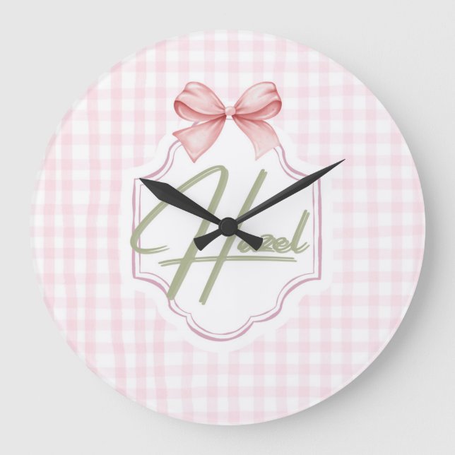 Personalized Hazel Baby Girl Nursery Bow&Gingham  Large Clock (Front)