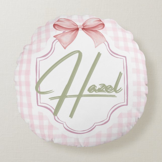 Personalized Hazel Baby Girl Nursery Bow&Gingham  Round Cushion (Front)