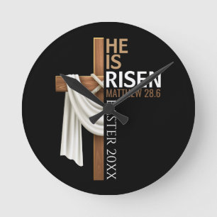 Personalized He Is Risen Vintage Easter Cross Round Clock