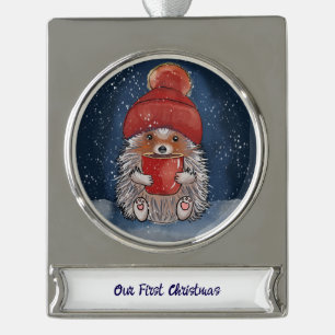 Personalized Hedgehog with Hot Drink Silver Plated Banner Ornament