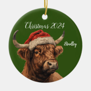 Personalized  Highland Cow with Santa Cap Ceramic Ornament