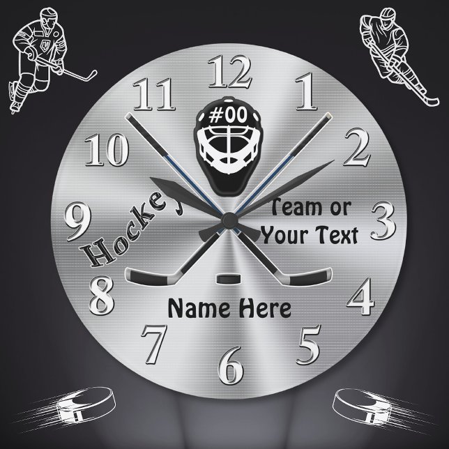 Personalized Hockey Clock, Great Hockey Team Gifts Large Clock (Hockey Gifts for Seniors. Hockey Christmas Gifts for Players. Hockey Team Gift Ideas. Silver,  Black)