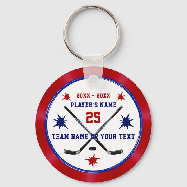 Personalized Hockey Party Favors, Red, White, Blue Key Ring (Front)