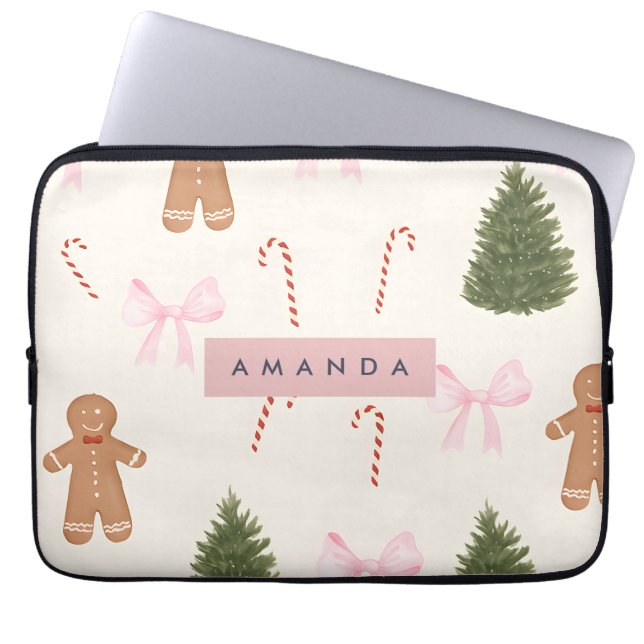 Personalized Holiday Gingerbread & Pink Bow Laptop Sleeve (Front)