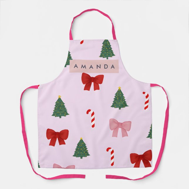 Personalized Holiday Tree & Candy Cane Pattern Apron (Front)
