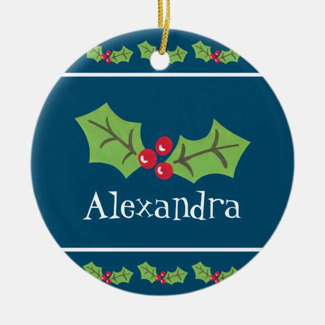 Personalized Holly & Berries Ceramic Ornament (Front)