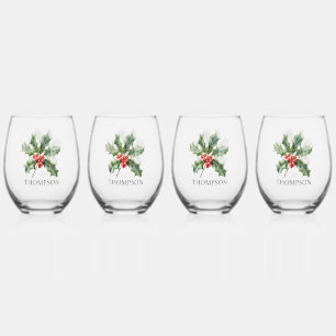 Personalized Holly & Ivy Drinkware Set Stemless Wine Glass