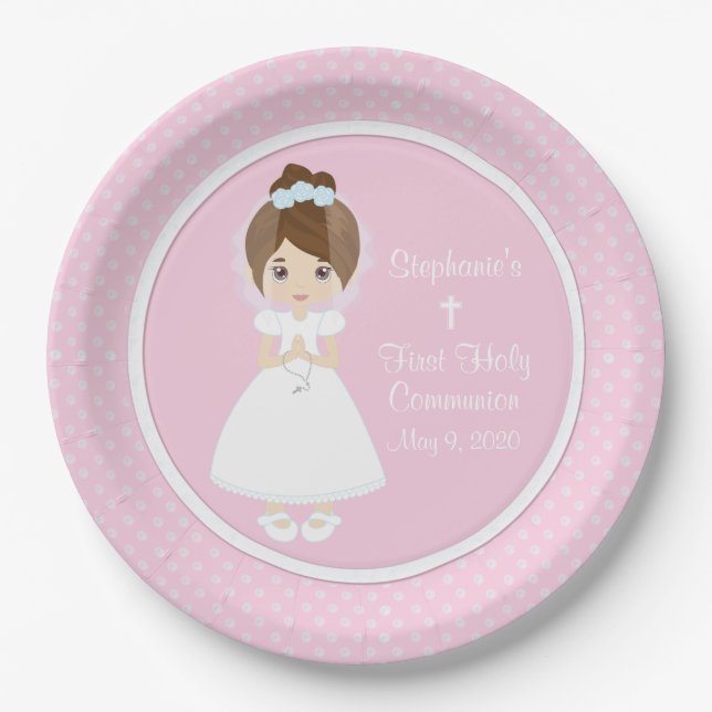Personalized Holy Communion - Brunette Girl Paper Plate (Front)