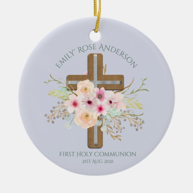 Personalized Holy Communion Floral Cross Ceramic Ornament (Front)
