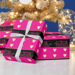 Personalized Hot Pink Black Gold Heart Christmas Wrapping Paper