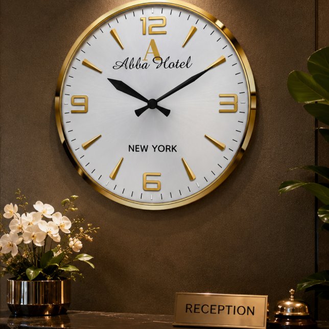 Personalized Hotel Name Luxury Gold Silver  Large Clock (Creator Uploaded)