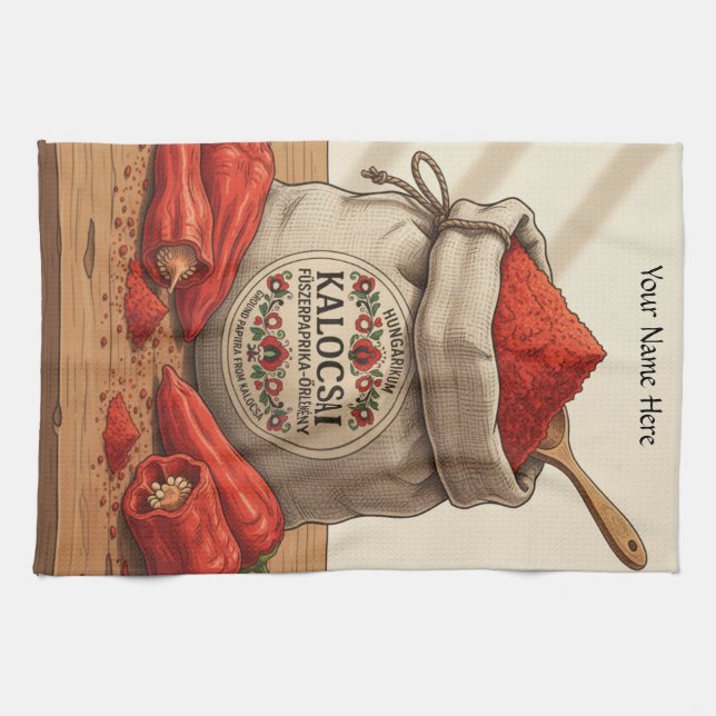 Personalized Hungarian Kalocsai Paprika Apron  Tea Towel (Horizontal)