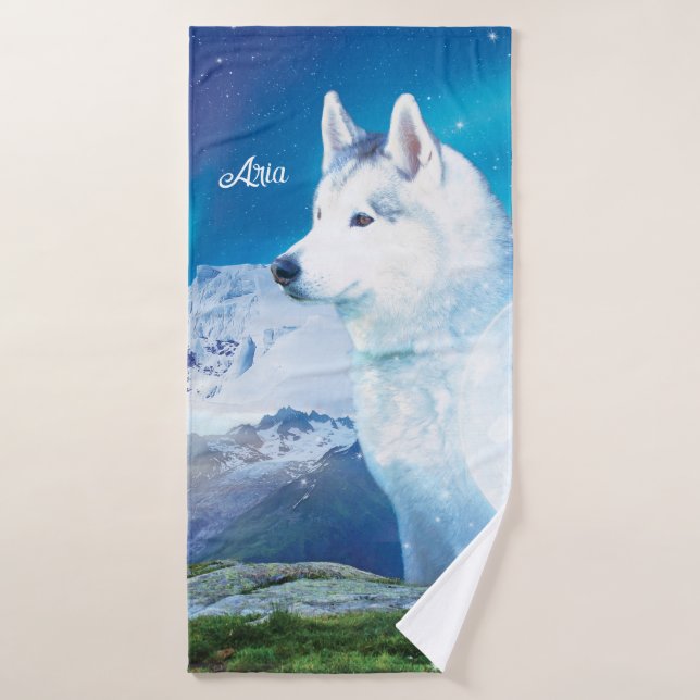 Personalized  Husky dog with mountains  Bath Towel (Bath Towel)