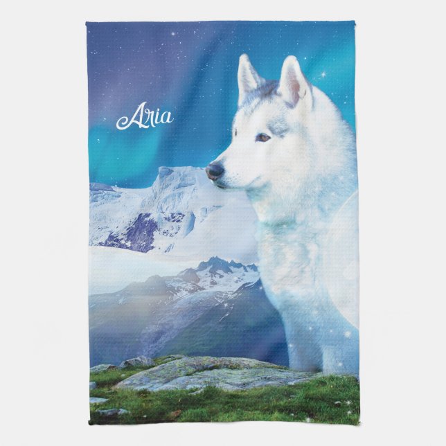 Personalized Husky dog with mountains  Tea Towel (Vertical)