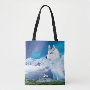Personalized Husky dog with mountains  Tote Bag