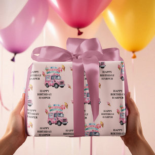 Personalized Ice Cream Truck Pink Birthday Wrapping Paper