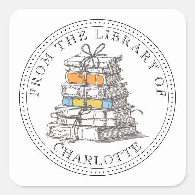 Personalized Illustrated Bundle of Books Bookplate Square Sticker (Front)