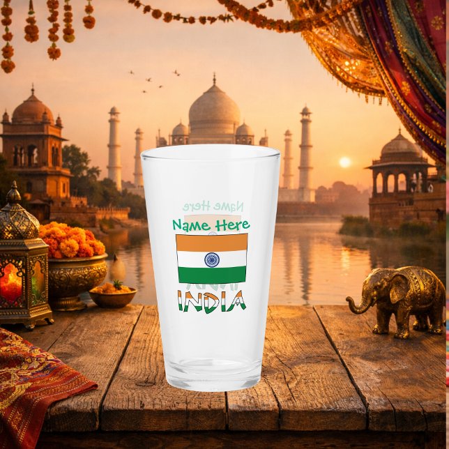 Personalized India Flag Two‑Sided Design Glass (Personalized drinking glass with Indian Flag, INDIA below in flag colors. Above green text for name.)