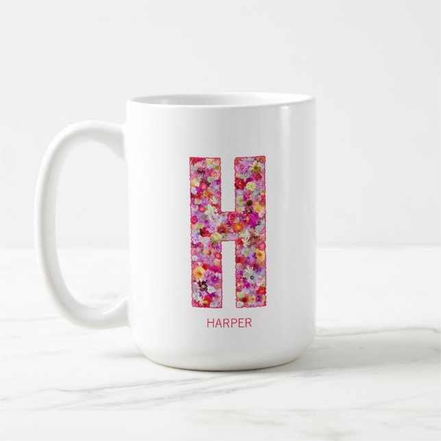 Personalized Initial | Floral Letter H Monogram  Coffee Mug (Left)