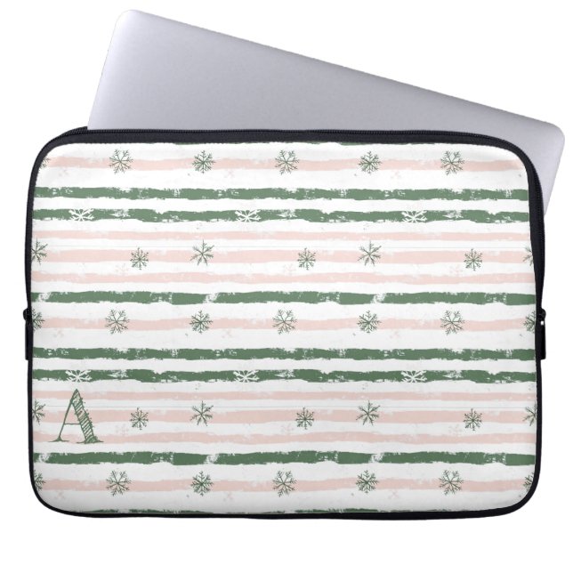 Personalized initial green  winter laptop sleeve (Front)