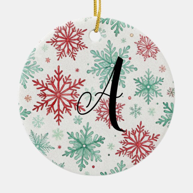 Personalized initial watercolor winter patterns ceramic ornament (Front)