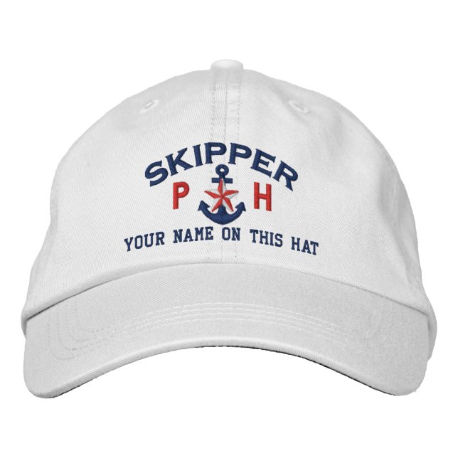 Personalized Initials Text Skipper Star Anchor Embroidered Hat (Front)