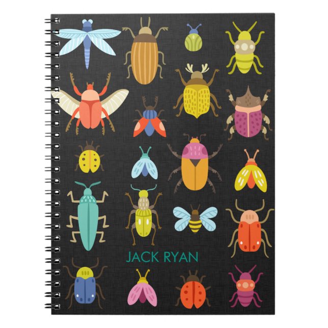 PERSONALIZED INSECT BUGS BLACK LINEN NOTEBOOK (Front)