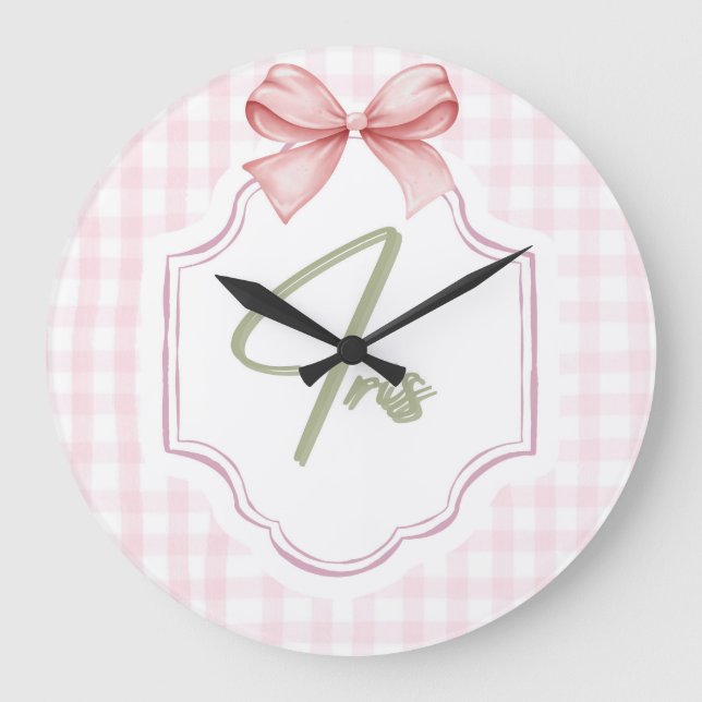 Personalized Iris Baby Girl Nursery Art Pink Bow Large Clock (Front)