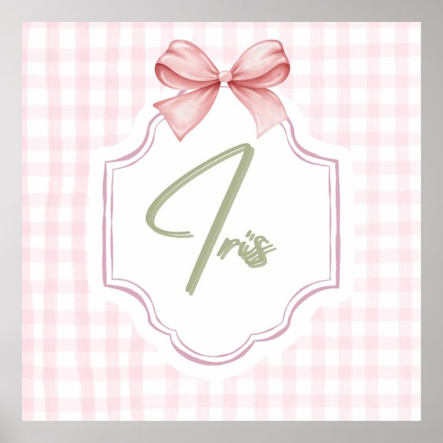 Personalized Iris Baby Girl Nursery Art Pink Bow Poster (Front)