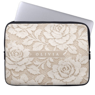 Personalized Ivory Lace Bridal Elegant Vintage Laptop Sleeve