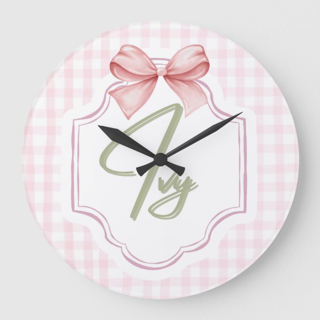 Personalized Ivy Baby Girl Nursery Bow&Gingham  Large Clock (Front)
