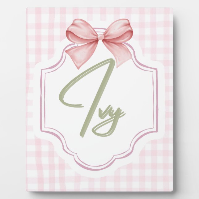 Personalized Ivy Baby Girl Nursery Bow&Gingham  Plaque (Front)