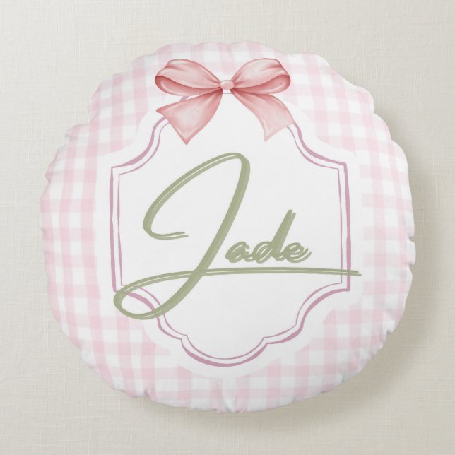 Personalized Jade Baby Girl Nursery Bow&Gingham Round Cushion (Front)