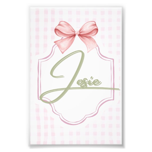 Personalized Josie Baby Girl Nursery Bow&Gingham Photo Print (Front)