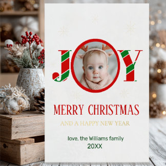 Personalized Joy Christmas Photo Foil Greeting Card