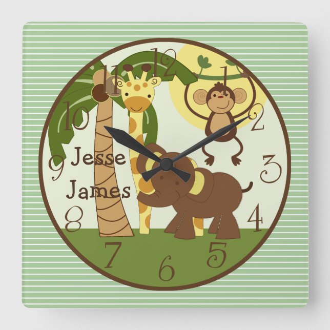 Personalized Jungle Babies Animals Nursery Clock (Front)