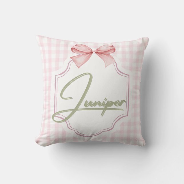 Personalized Juniper Baby Girl Nursery BowGingham  Cushion (Front)